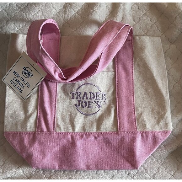NEW Trader Joes Mini Canvas Tote Bag Pink - Picture 1 of 5